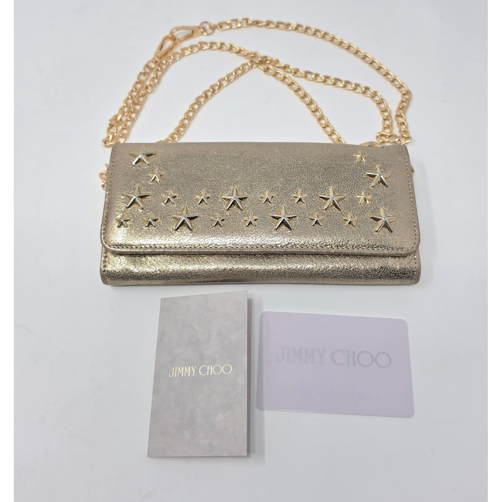 Jimmy Choo Metallic Gold Star Studded Wallet/ Chain Crossbody Bag Made In Italy